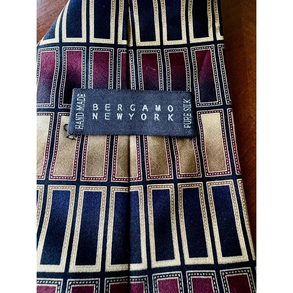 Vintage Bergamo New York Silk Tie Mens Geometric Rectangle Gold Blue Burgundy